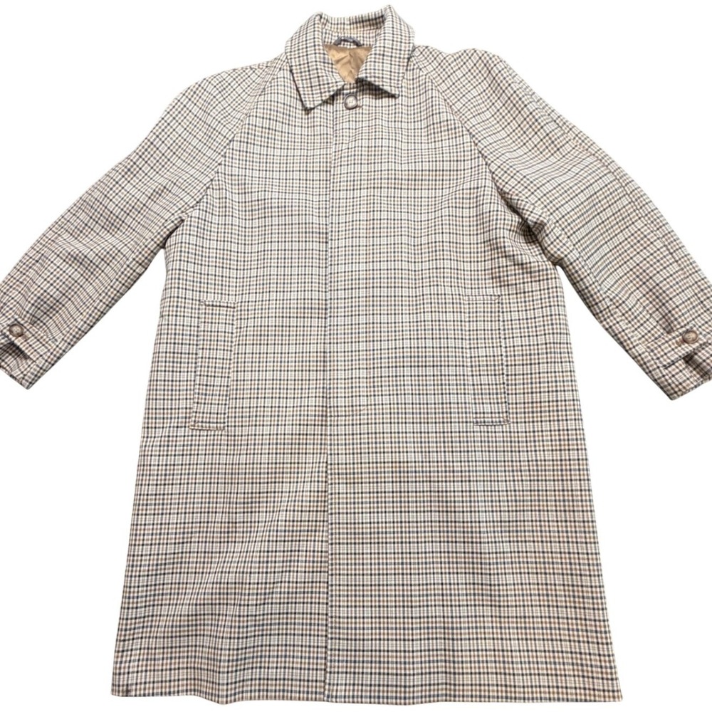 HM Mens Plaid Car Coat Tan Brown Blue Check Hidden Button Overcoat Size L